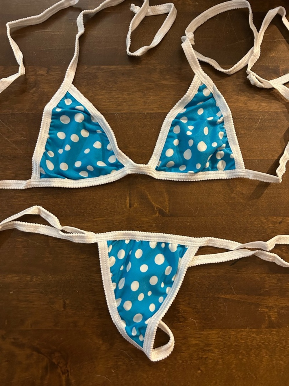 NWOT Skimpy Handmade Triangle Top Y-String Bottom Blue & White Polka Dot Bikini